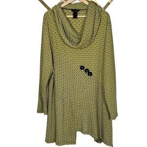 Ali Miles Tunic Top Size 3x Cowl Neck Green Black Button Asymmetric Hem Artsy